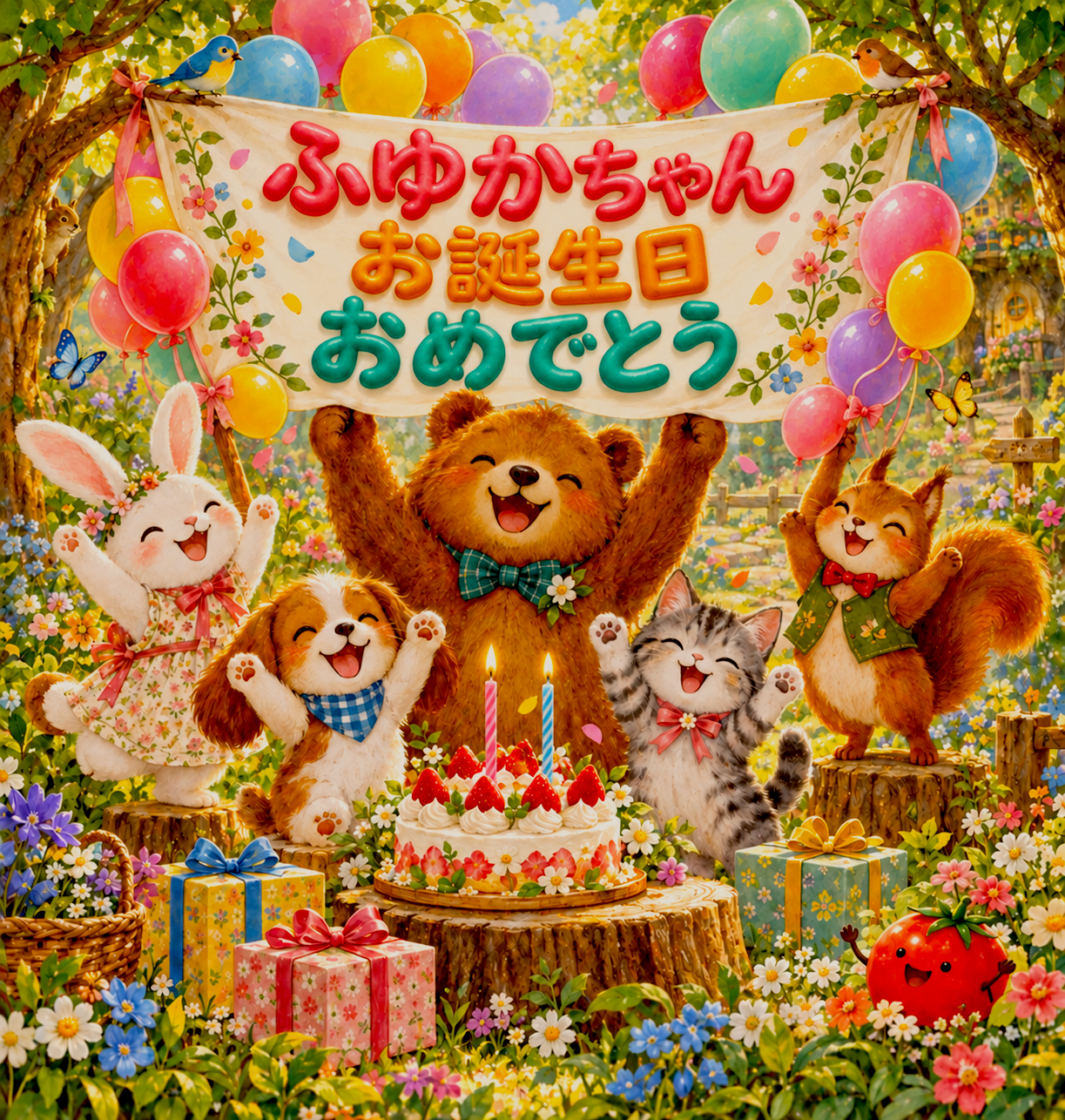 ふゆかちゃん、お誕生日おめでとう。動物たちと風船で彩るバースデーカード