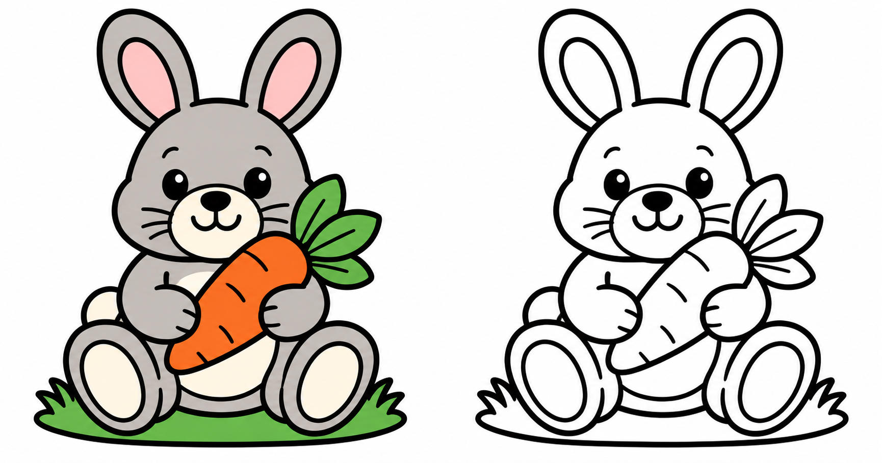 にんじんを持つうさぎ。左にカラー見本、右に太い輪郭の線画