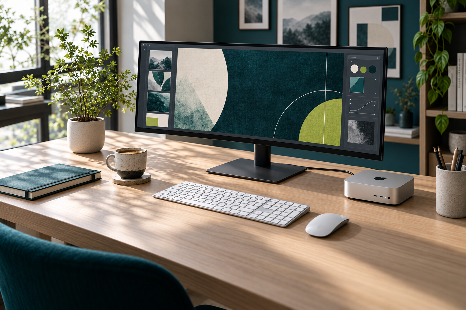 Mac mini M4とワイドモニターを使う現代的な創作デスクのイメージ